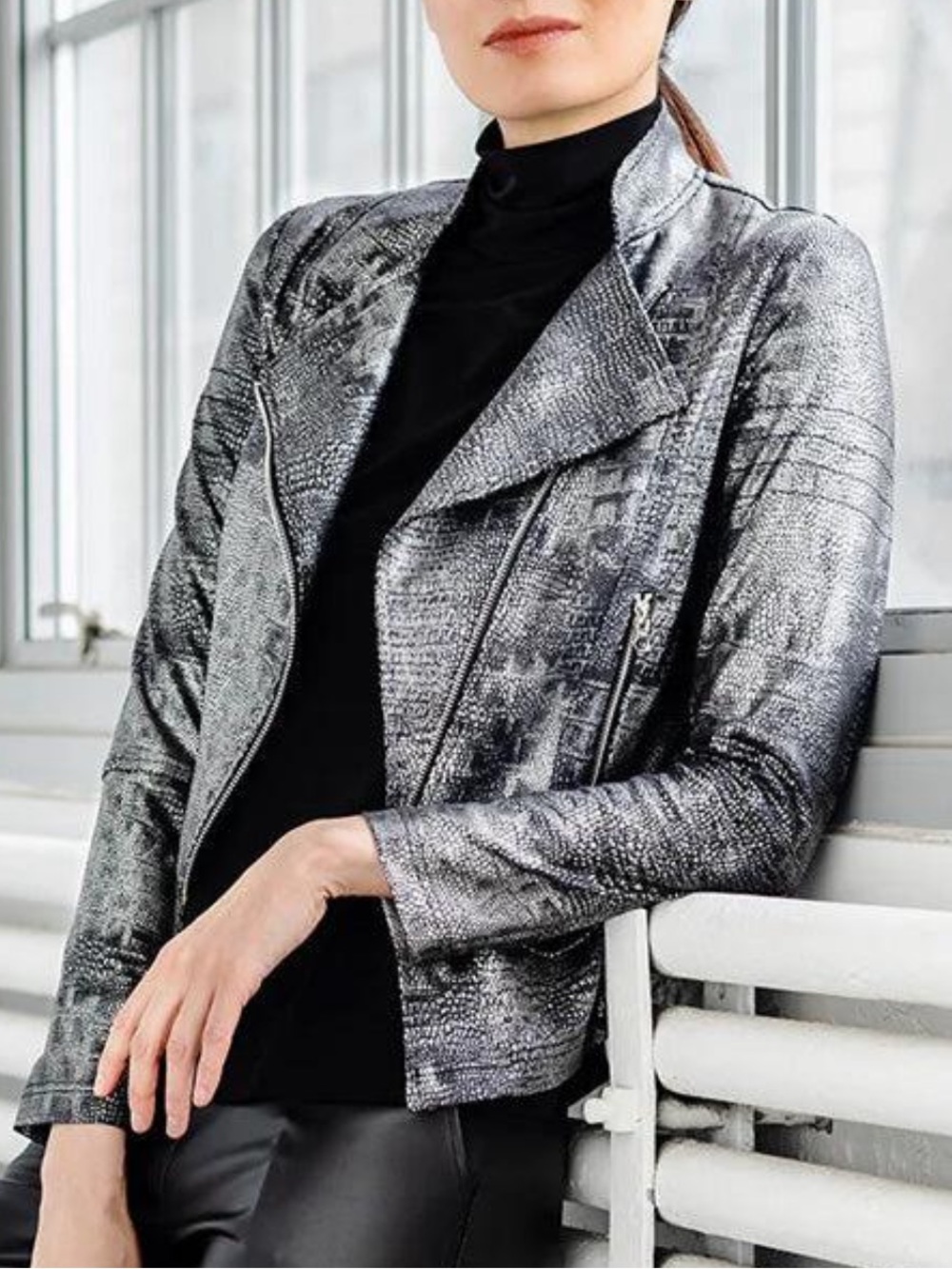 Clara Sun Woo Metallic Liquid Leather Moto Jacket Gunmetal Excellent 1X